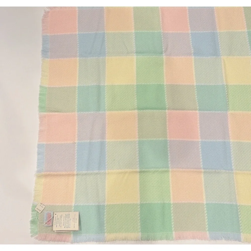 Baby Blanket Three Weavers Pastel Pink Blue Green Squares Acrylic NWT Vintage